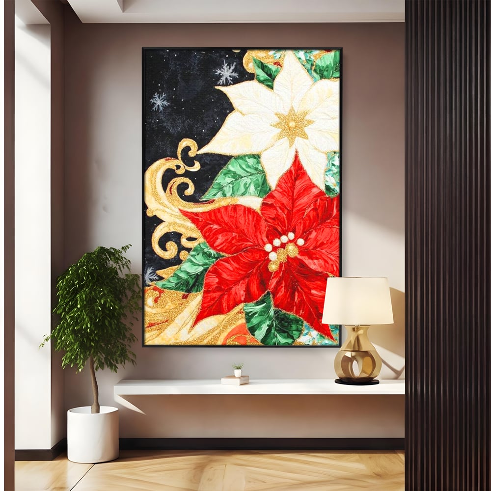 Tablou canvas cu tablou canvas cu craciunite rosii si albe, in rama de aluminiu negru